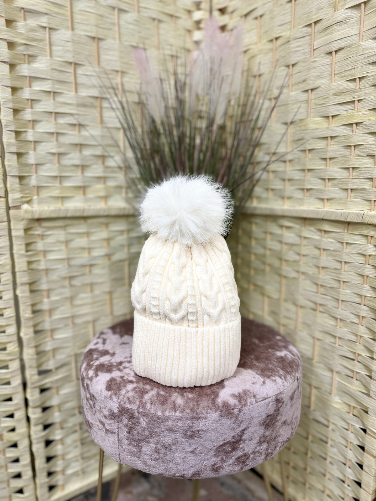 Pom Pom cable knit hat