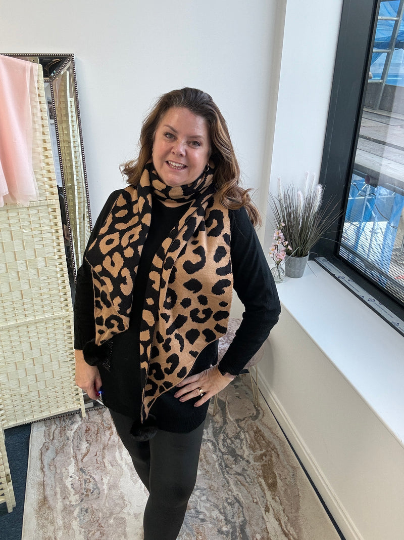 Leopard print pom pom scarf